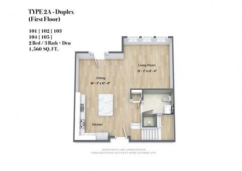 A floor plan for a TYPE 2A Duplex (First Floor) showing a living room, dining area, kitchen, and bathroom.
